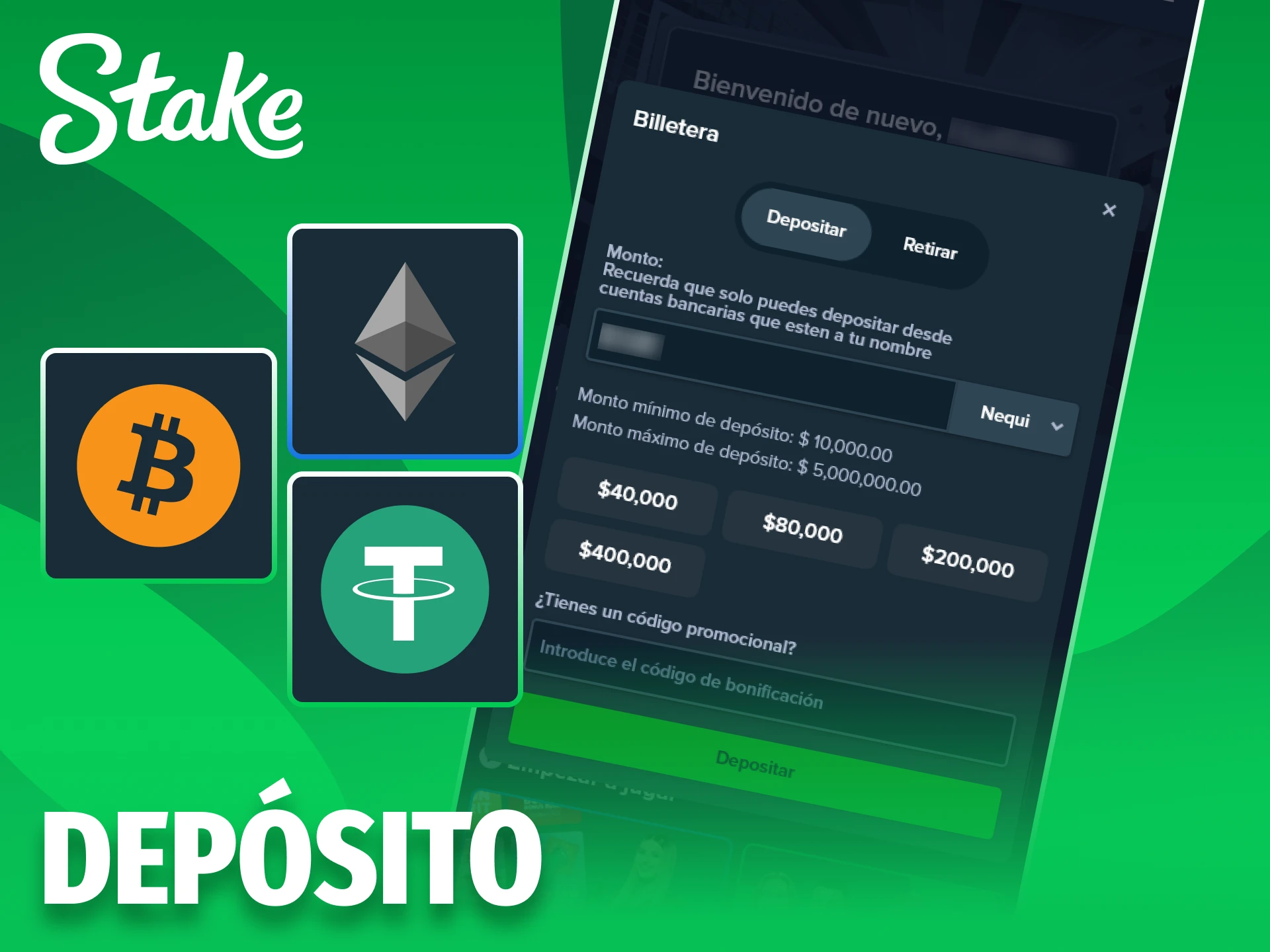 Realiza depósito con criptomonedas usando la app móvil Stake.