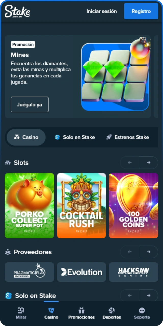 En la Stake app abre la sección con juegos de casino.