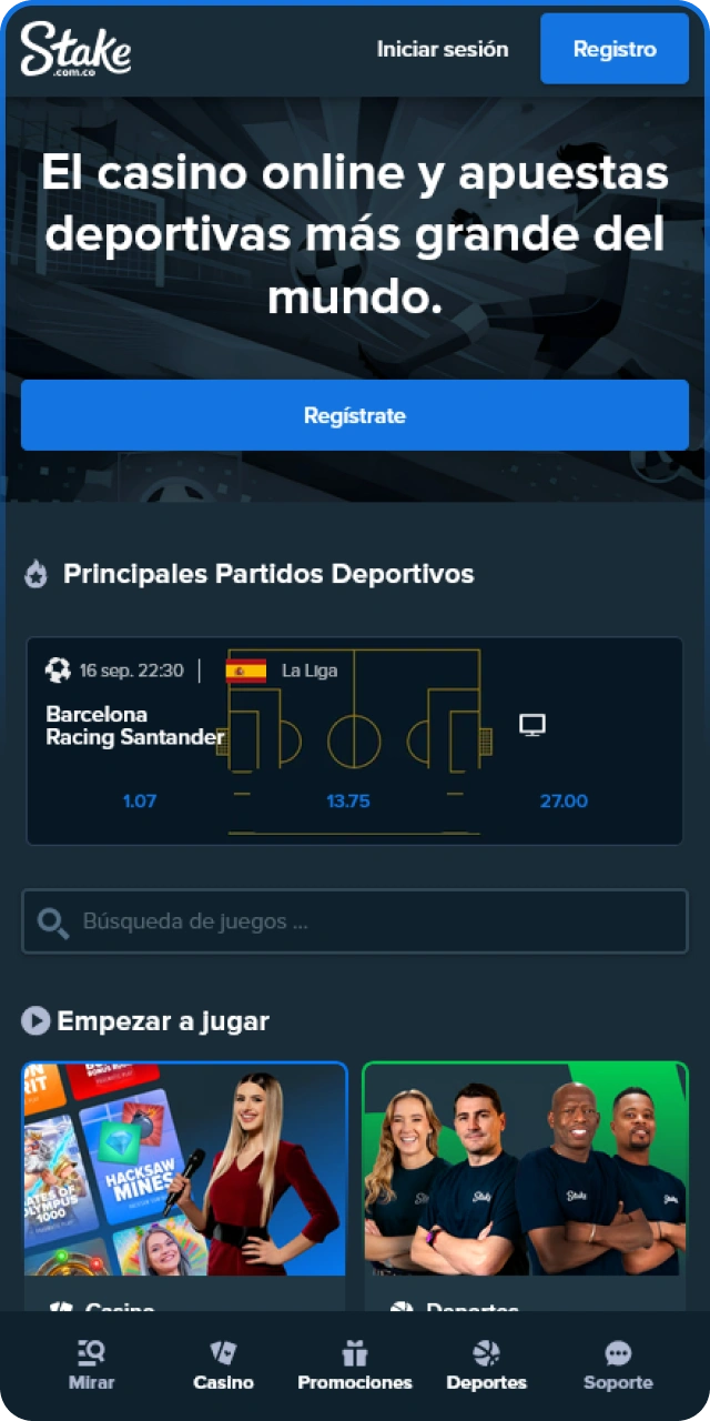 Explora la pantalla de inicio en la app móvil de Stake.