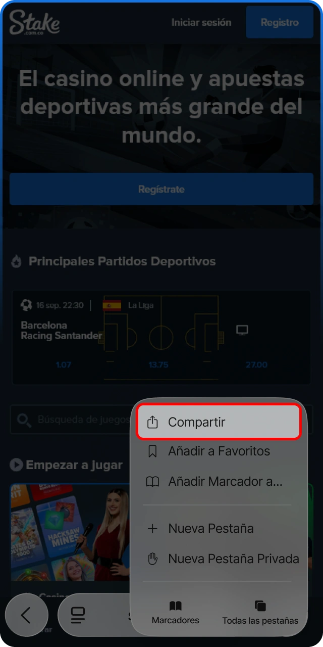 Despliega las opciones del navegador en iOS usando la app Stake.