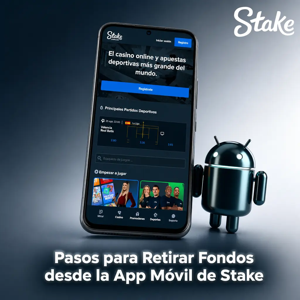Guía visual para retirar fondos desde la app móvil de Stake en dispositivos Android paso a paso.