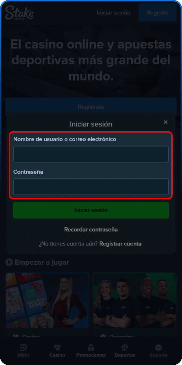 Completa tus datos de acceso en Stake para avanzar con la sesión.