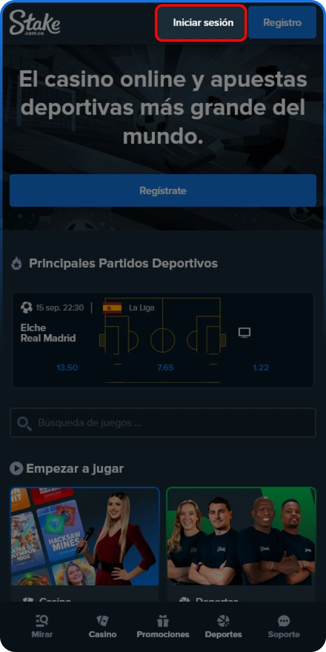 Presiona el botón para iniciar sesión en tu cuenta de Stake.