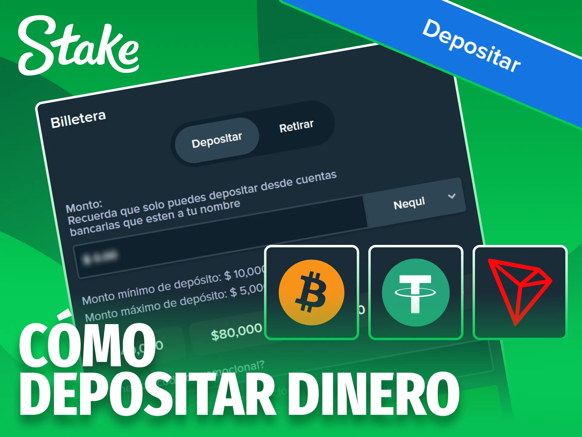 Elige tu método de pago cripto en Stake para depositar saldo.