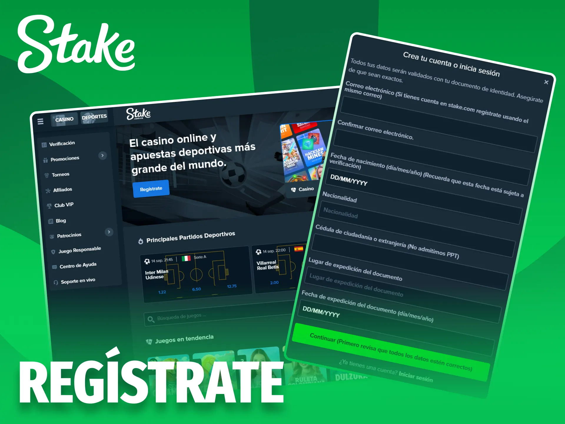 Crea una cuenta en Stake y empieza a realizar tus apuestas preferidas.